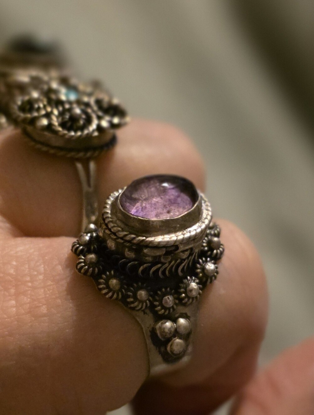 Vintage Taxco Sterling & Amethyst Mid Century Adjustable Poison Ring
